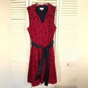 Signature red lace over black sleeveless fit & flare dress